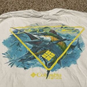 Columbia PFG Mens XL White Marlin Fish Graphic T-Shirt Short Sleeve Cotton Tee